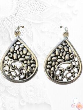 Ear Sense Filigree Teardrop Nickel-Free Dangle Earrings Silver Tone 190